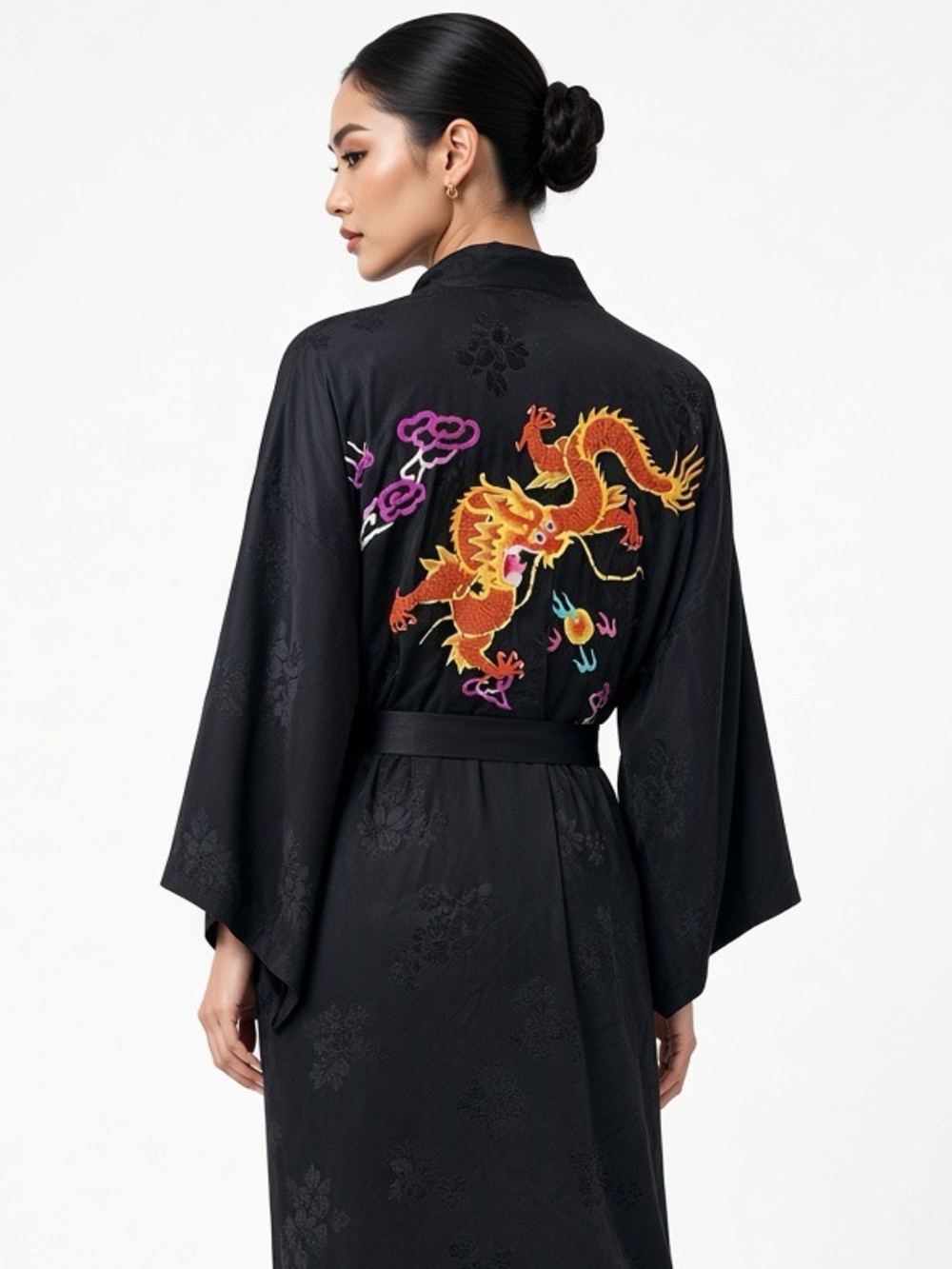 Vintage Golden Bee Chinese Black Silk Embroidered Dragon & Peacock Robe size S M